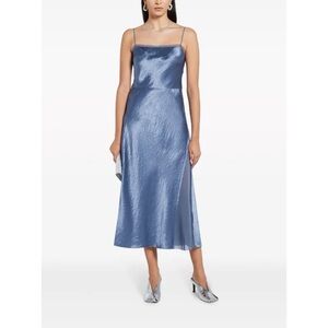 Vince Sheer Paneled Slip Evening Dress A-Line Midi Iris Blue Square Neck Minimal